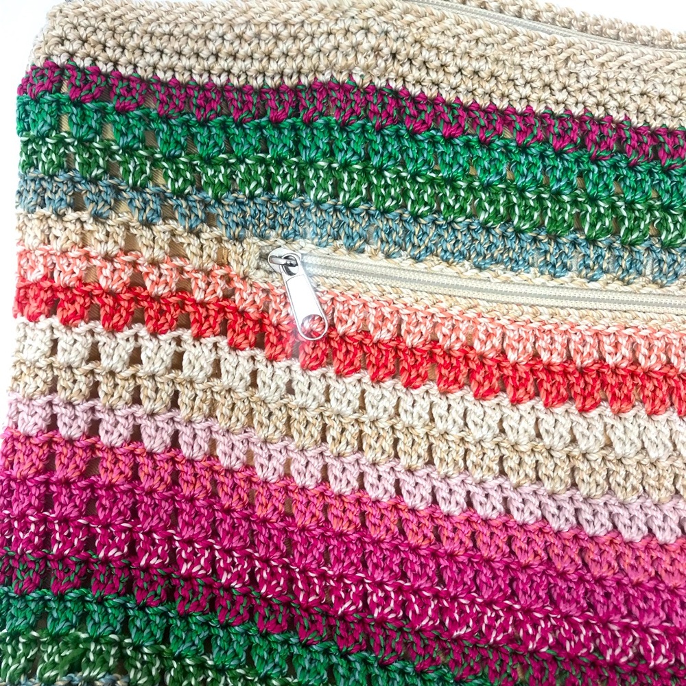 The Sak Rainbow Striped Woven Braided Strap Crochet Zippered Tote Purse - Picture 5 of 11